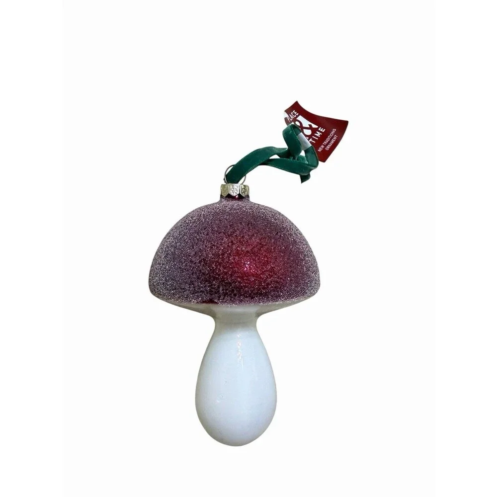 Place & Time Frosty Mushroom Glass Ornaments Christmas Decor Green Red 5” Pair